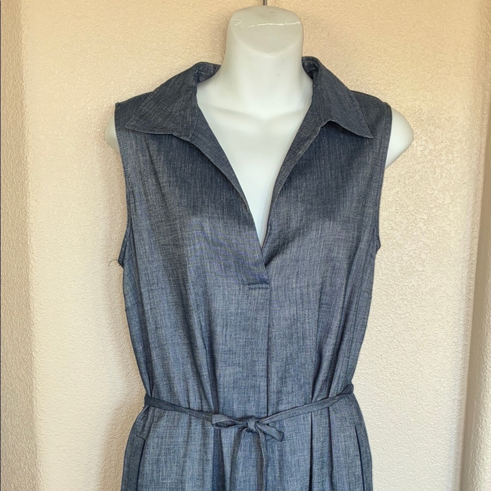 BEAUTIFUL Lustrous Blue Linen Dress, Sleeveless Pockets, Belt, Side Slits L EUC - Picture 7 of 16